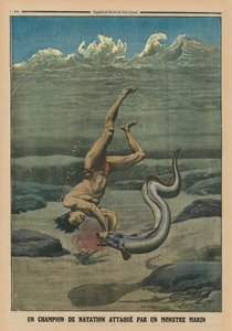 بطل سباحة هاجمه وحش البحر ، صورة الغلاف الخلفي من `` Le Petit Journal &39;&39; ، ملحق illustre ، 16 فبراير 1913